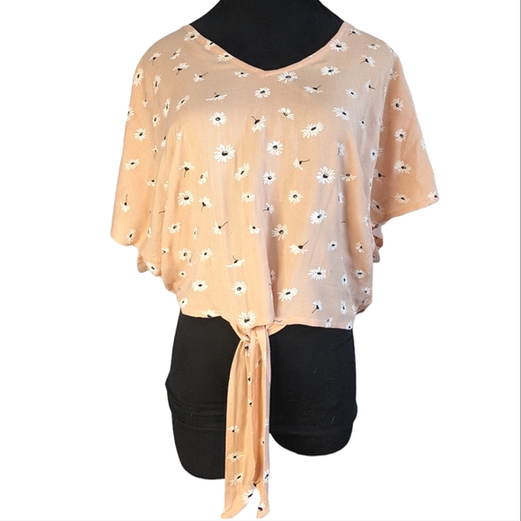 ANTHROPOLOGIE SIM & SAM Oversized Tie front Daisy Flower V-neck Blouse Crop Top - Picture 1 of 11